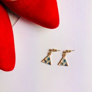 New! Triangle Geometric Pattern Gold Earrings Blue